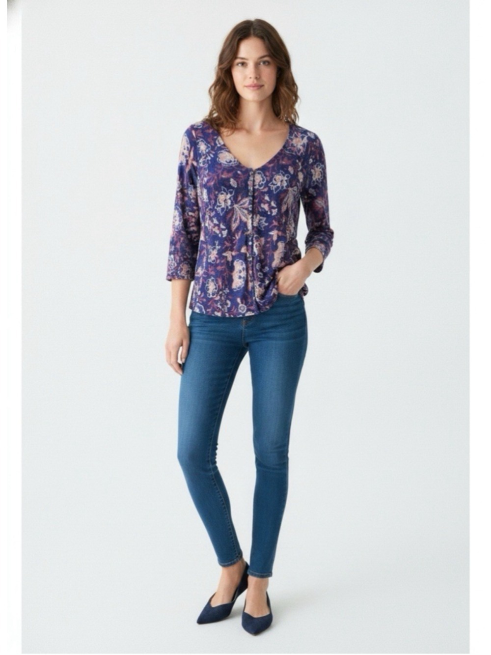 Lucky Brand V-Neck Button Front Floral Print Henley Knit Top Blouse Small Boho